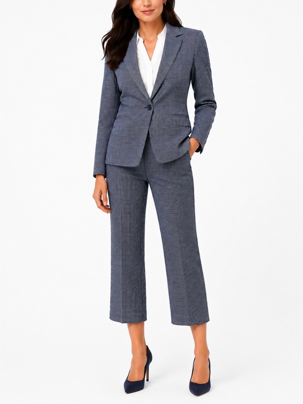 LIVERPOOL Navy & White Micro Check Cropped Pant Suit NWT